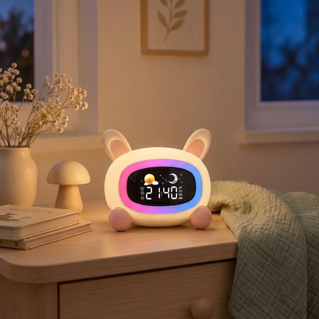 Réveil jour-nuit lapin allumé le soir sur une table de nuit Image