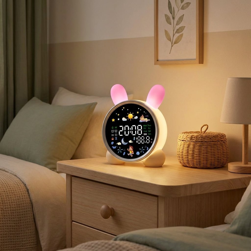 Réveil rond lapin sur une commode de chambre d'enfant