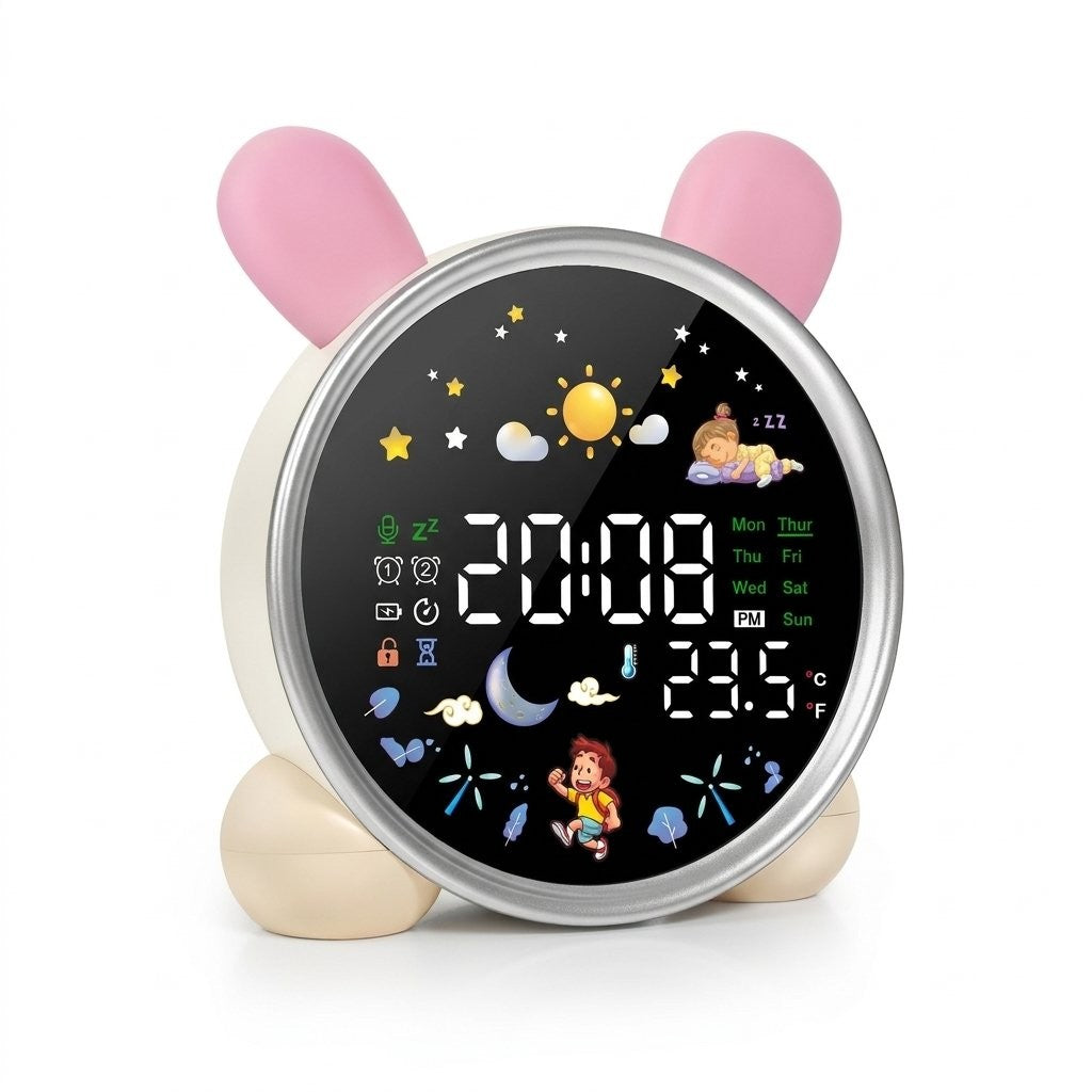 Réveil enfant rond oreilles de lapin lumineuses