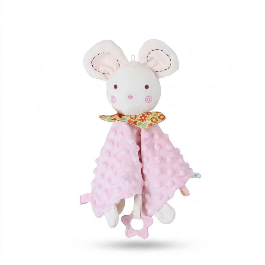 Doudou souris rose à picots avec anneau de dentition