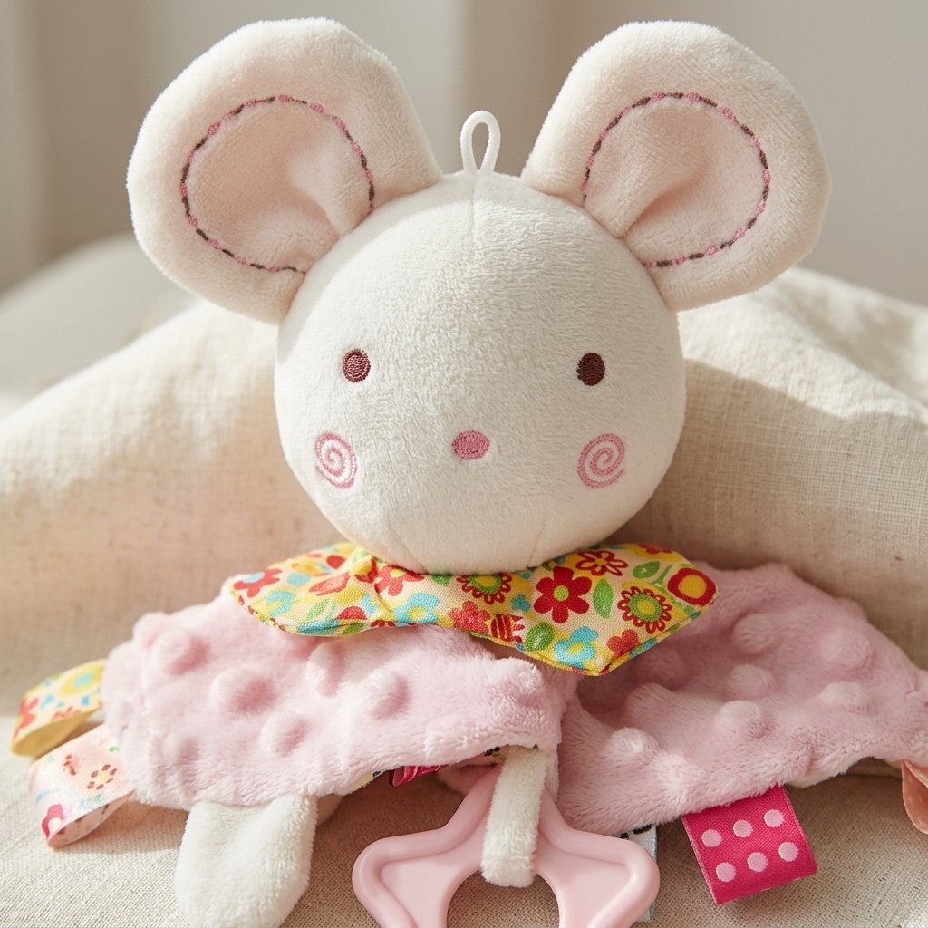 Détail de la tête brodée et du col fleuri du doudou souris