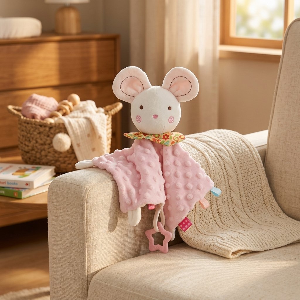 Doudou souris rose sur un fauteuil