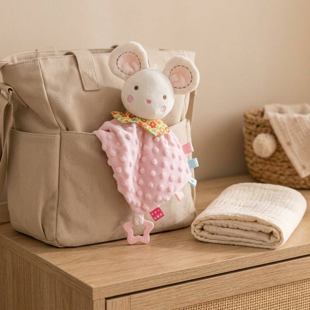 Doudou souris accroché à un sac à langer