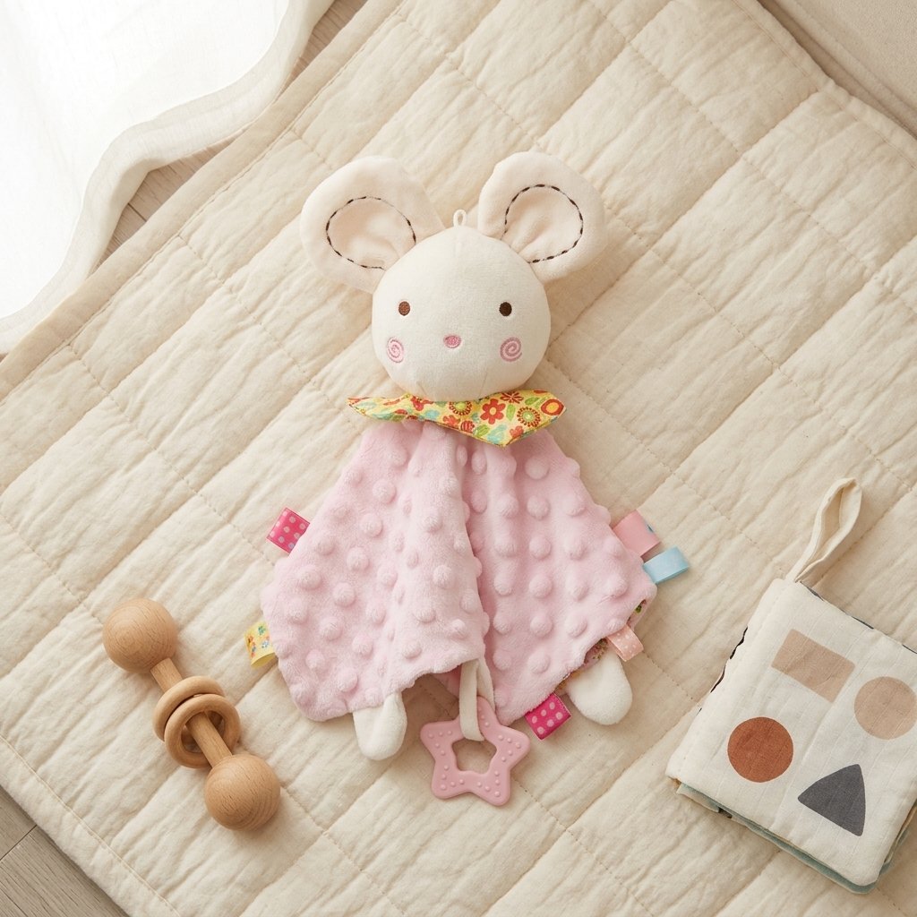 Doudou souris sur un tapis de jeu avec un hochet en bois
