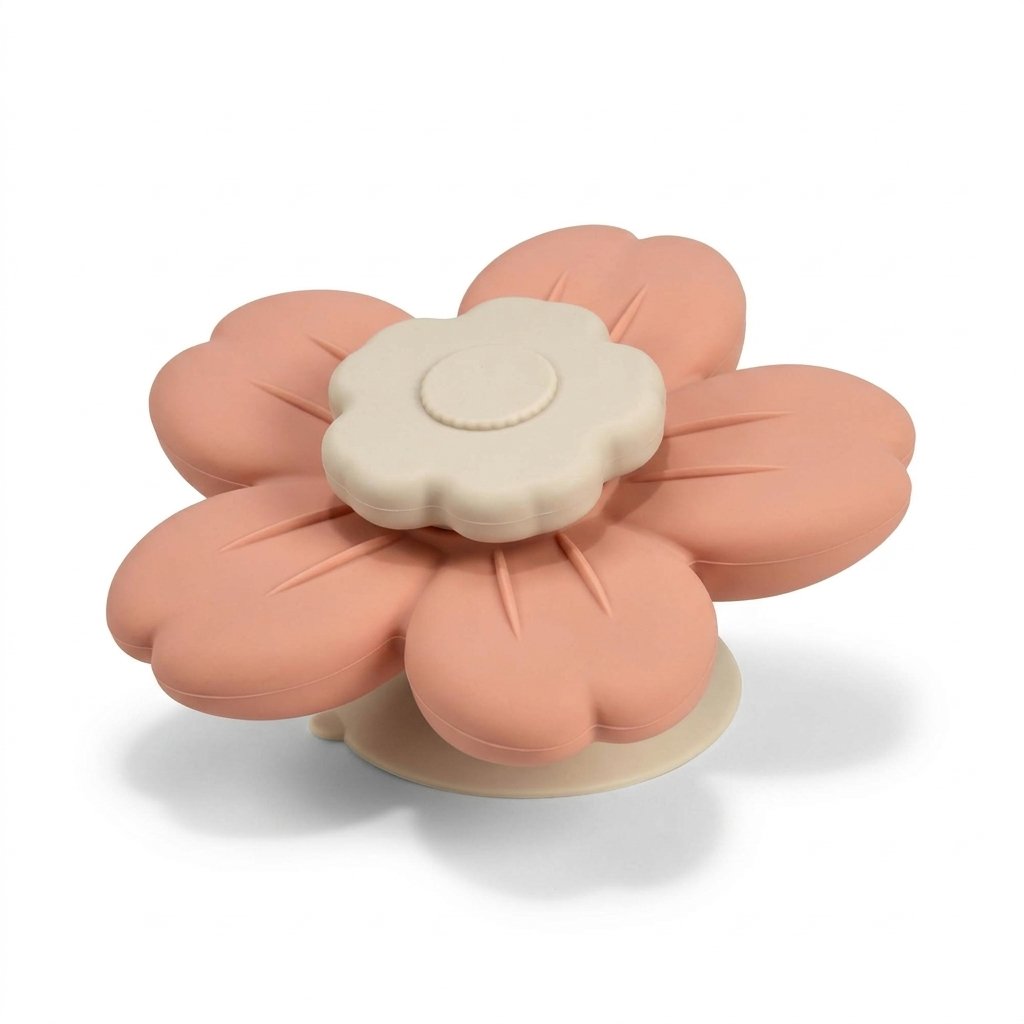 Spinner de bain bébé en silicone, fleur rose à ventouse