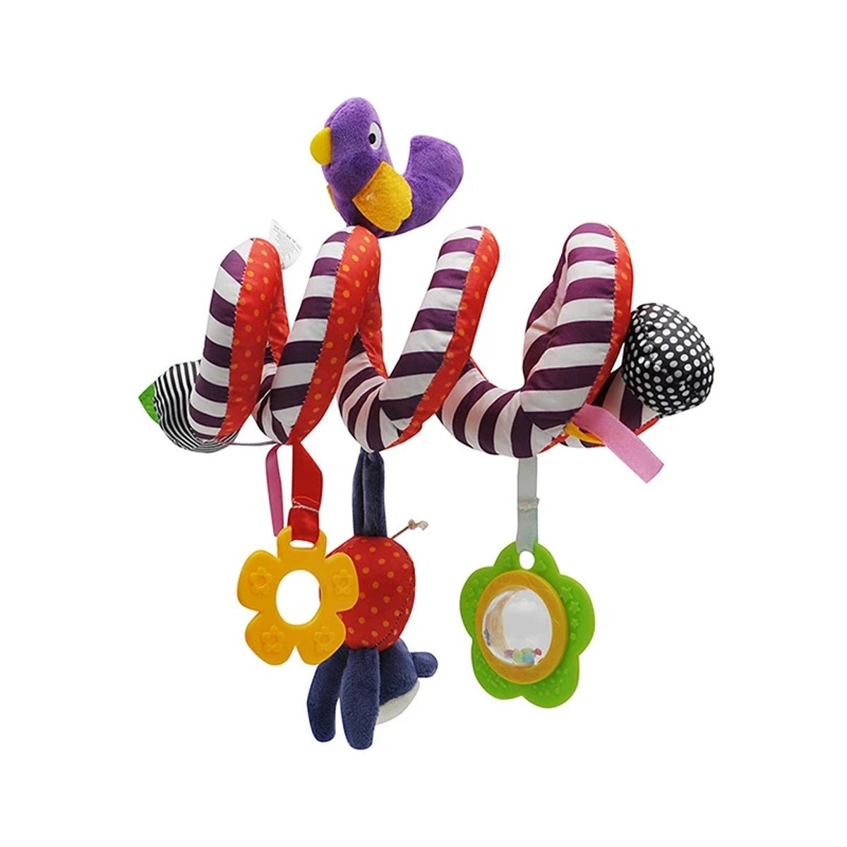 Spirale d'activités bébé avec oiseau violet, miroir et hochets