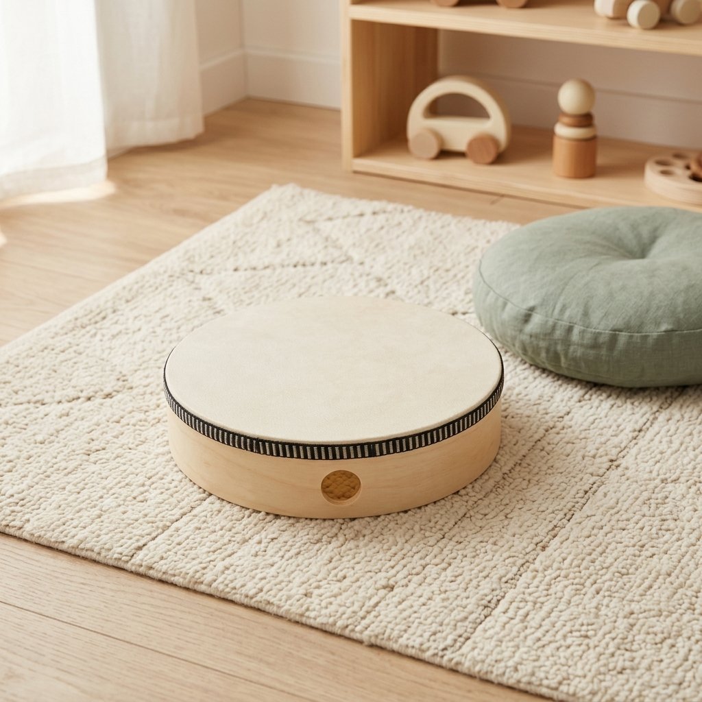 Tambour posé sur un tapis crème