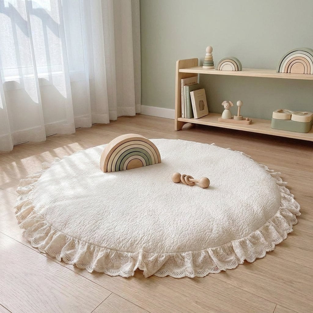 Tapis d'éveil rond dans une chambre avec des jouets en bois Image