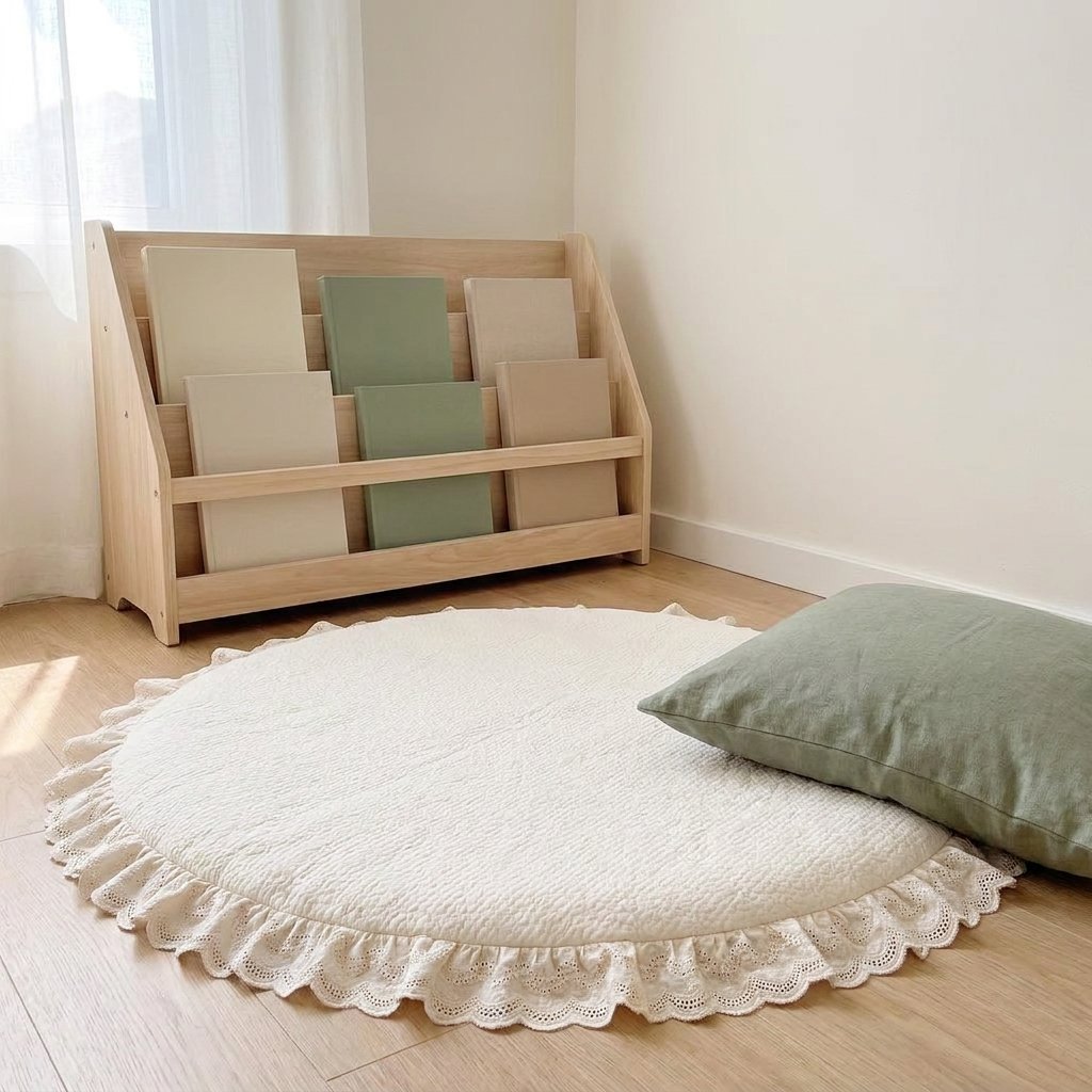 Tapis rond matelassé devant une bibliothèque basse