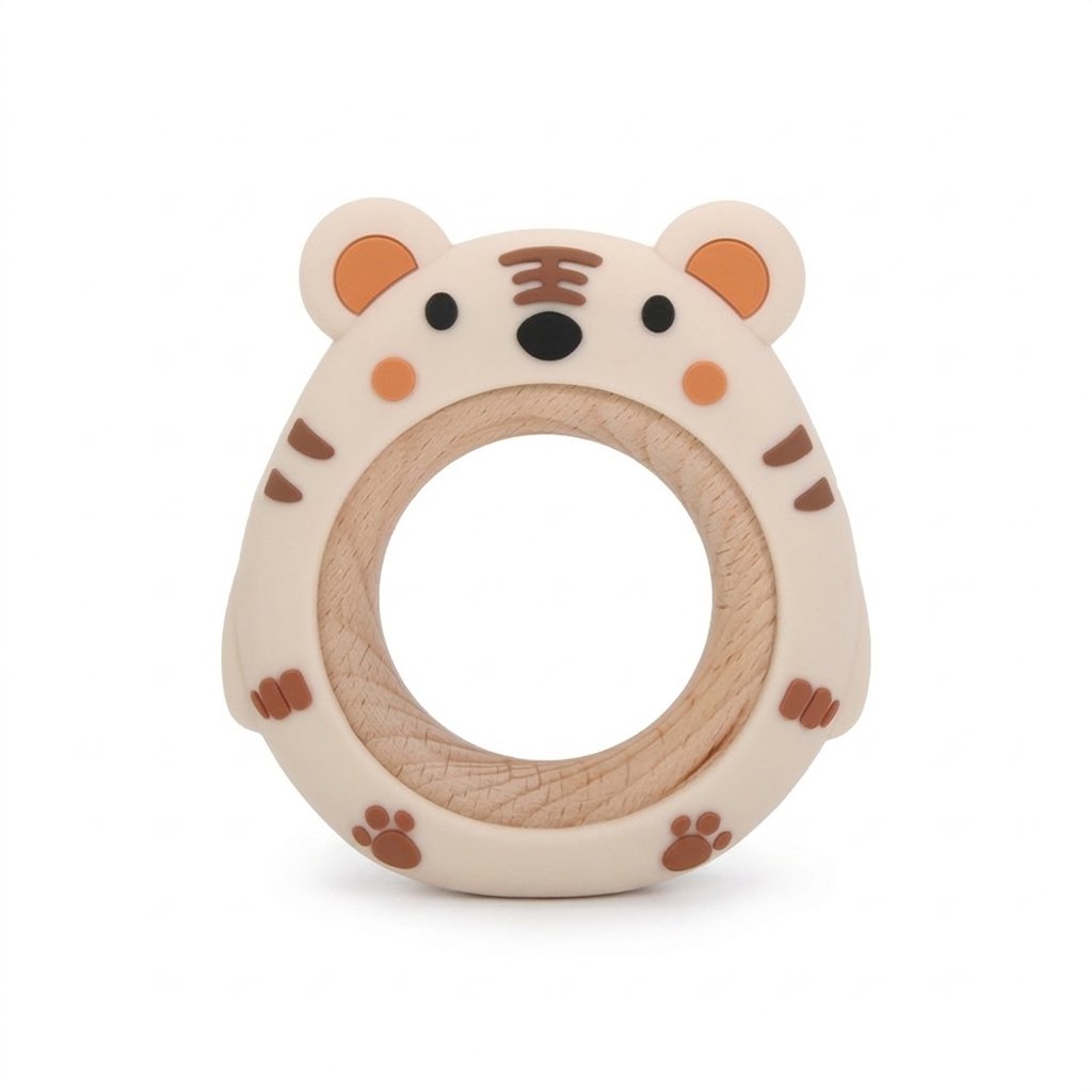Anneau de dentition tigre beige en silicone et anneau en hêtre