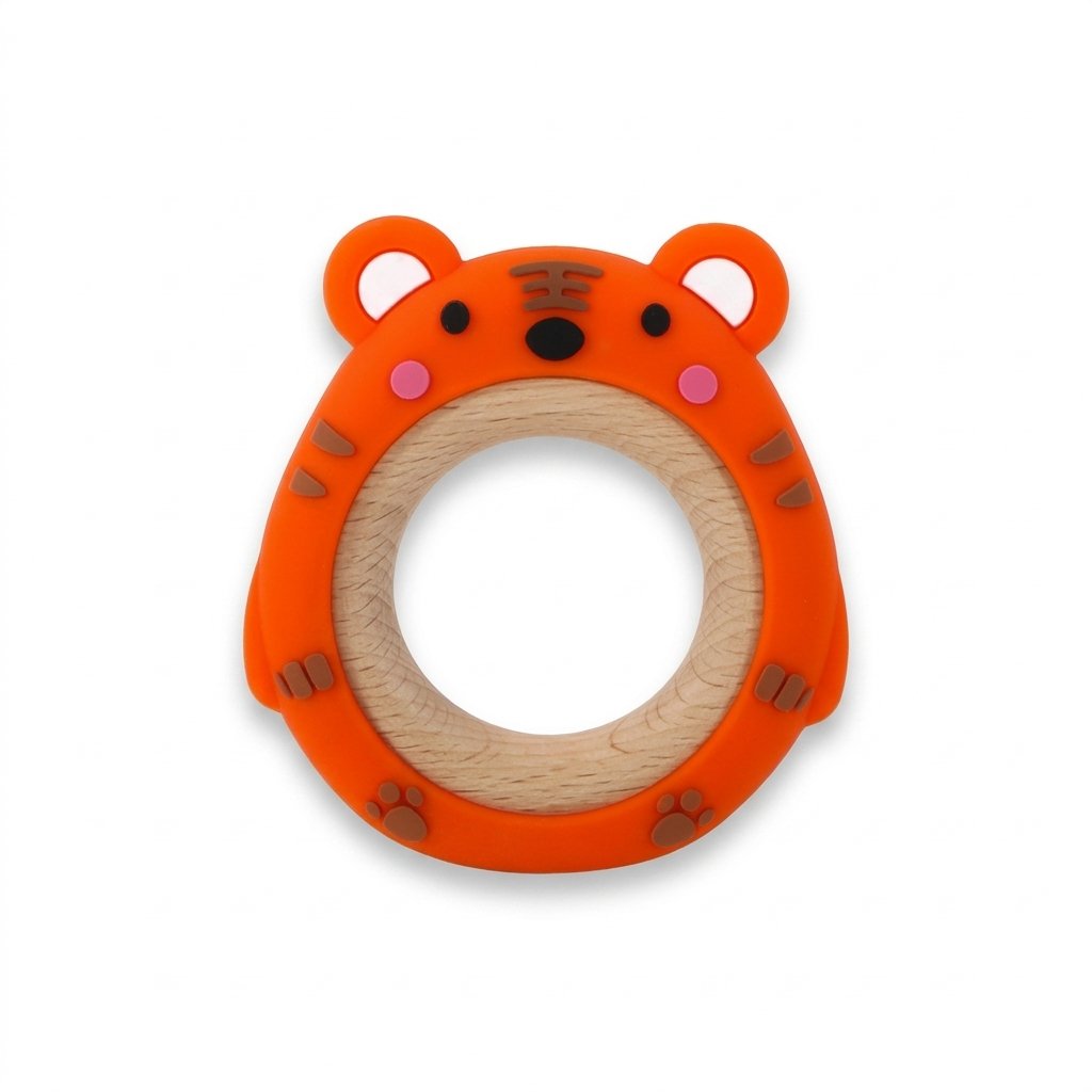 Anneau de dentition tigre orange en silicone et anneau en hêtre
