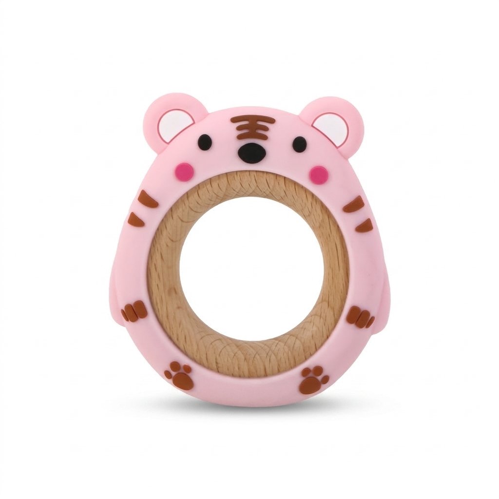 Anneau de dentition tigre rose en silicone et anneau en hêtre