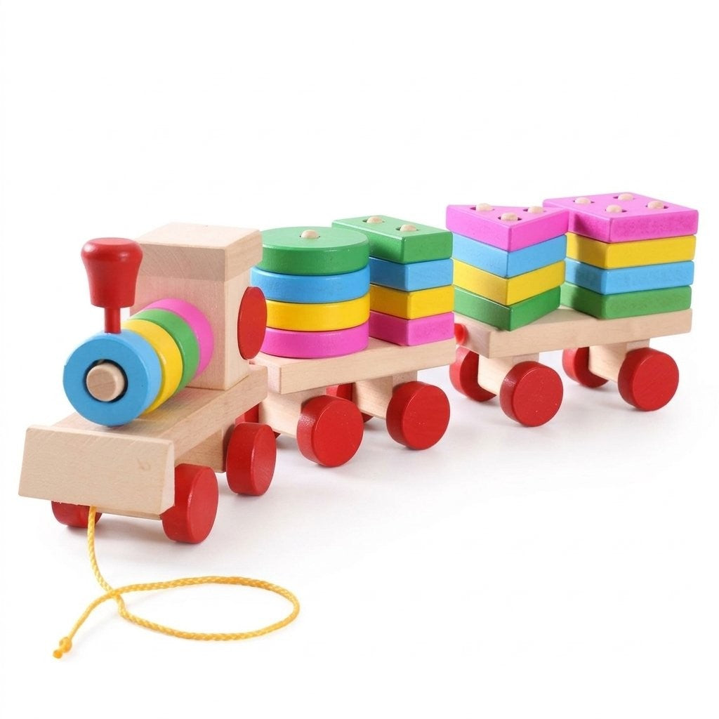 Train à tirer en bois avec anneaux et formes géométriques à empiler