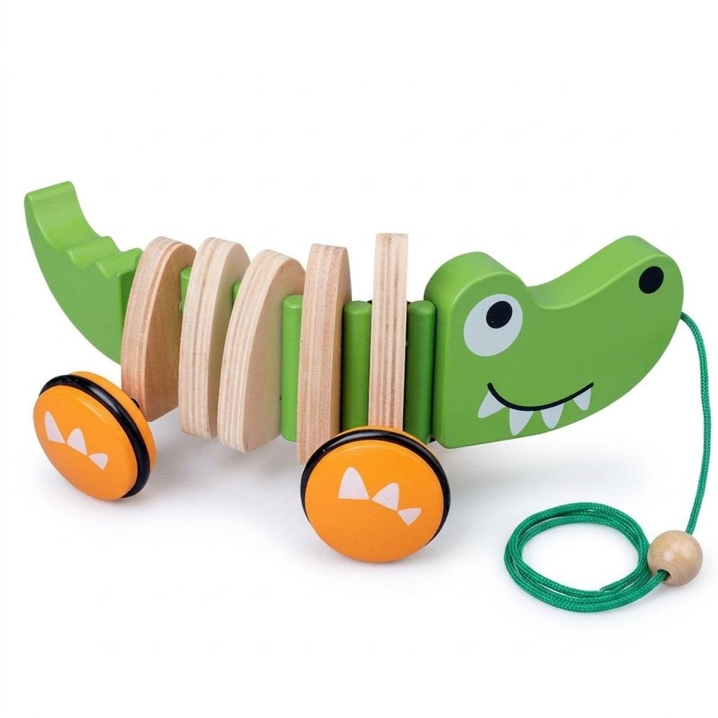 Crocodile vert à tirer en bois articulé