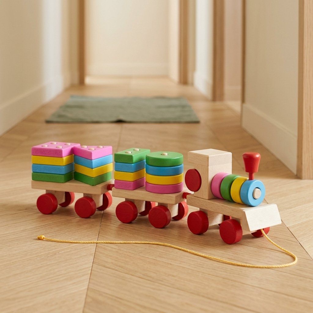 Train à tirer en bois sur un parquet clair