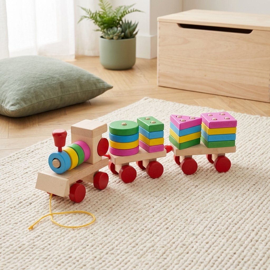 Train à tirer en bois sur un tapis crème