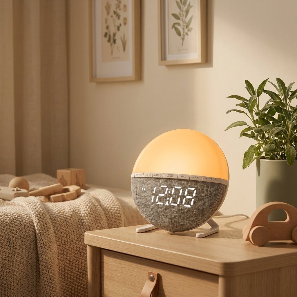 Réveil simulateur d'aube allumé en orangé au petit matin
