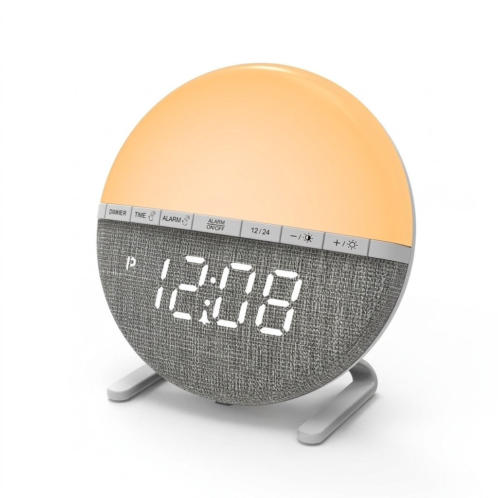 Réveil simulateur d'aube rond, dôme lumineux et tissu gris