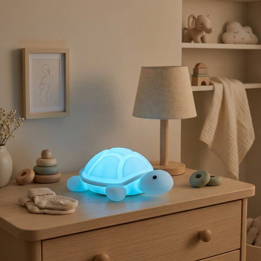 Veilleuse tortue allumée en bleu sur une commode