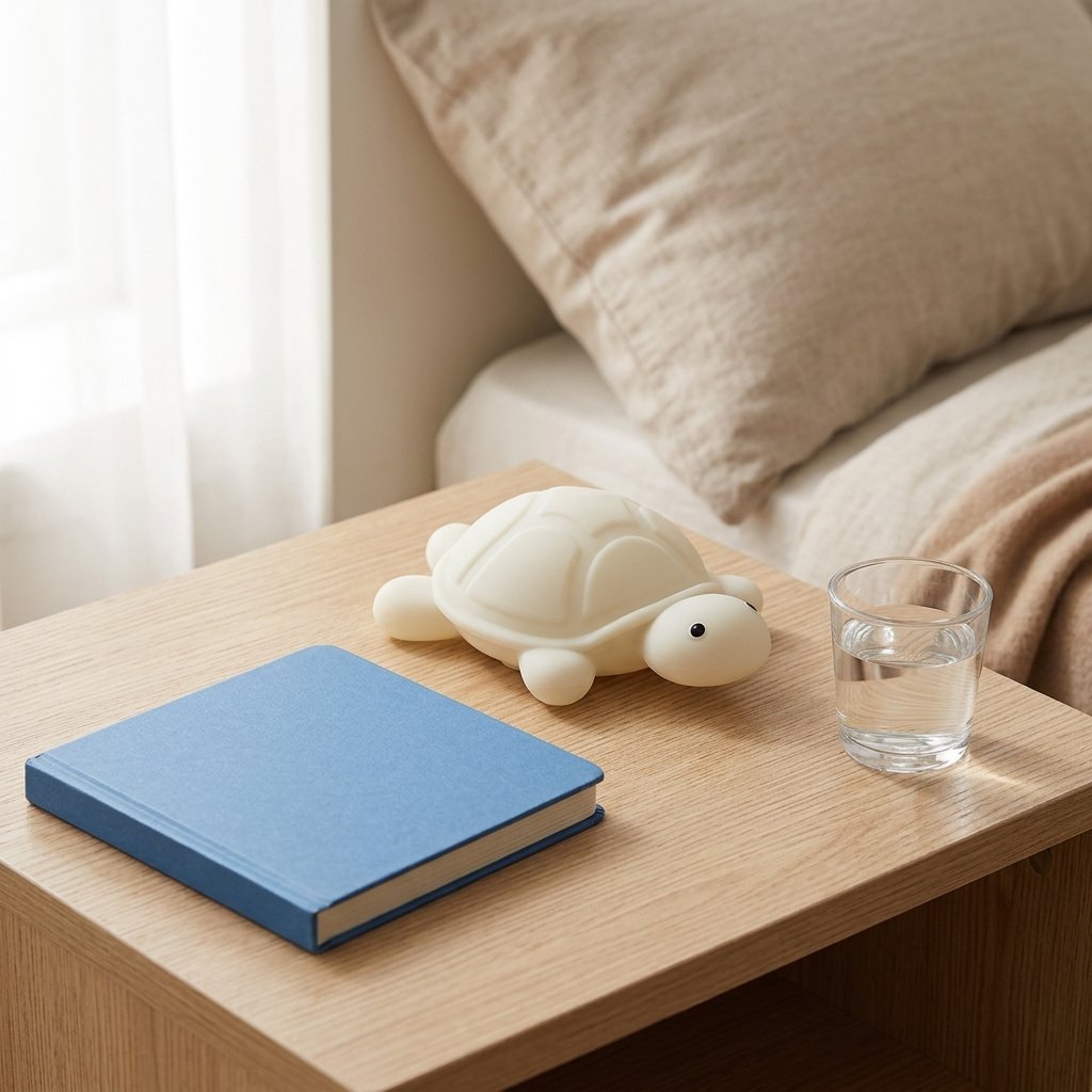 Veilleuse tortue à côté d'un livre d'enfant pour donner la taille