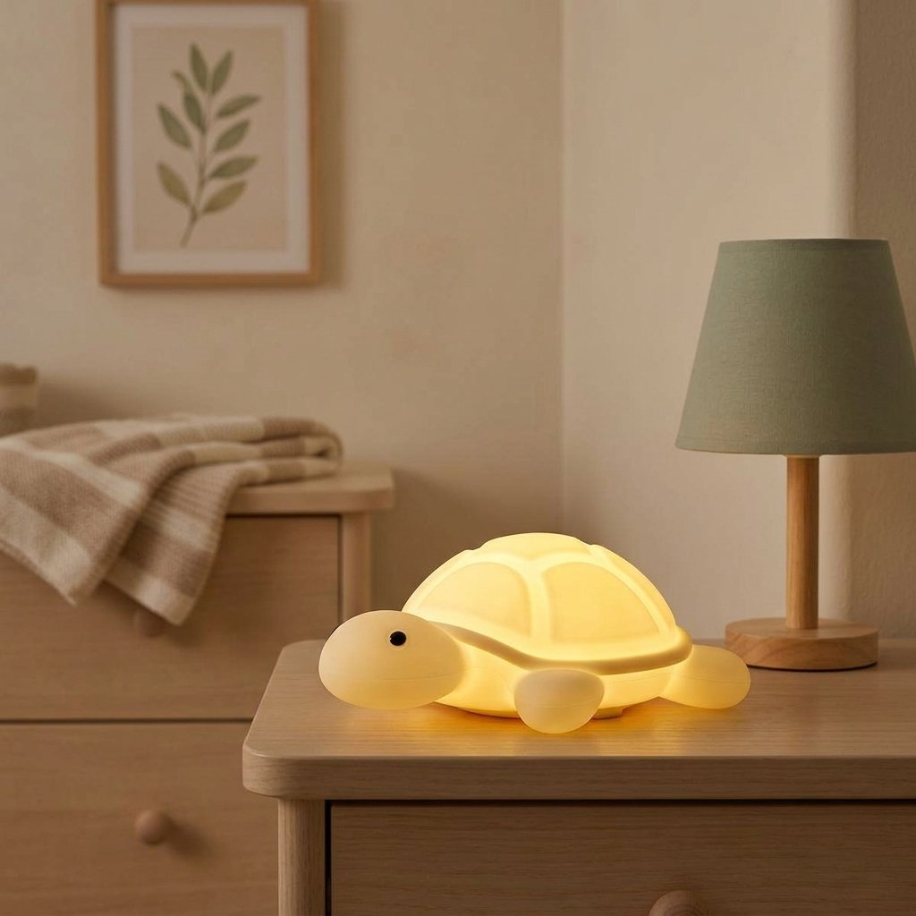 Veilleuse tortue allumée en lumière chaude sur une table de nuit