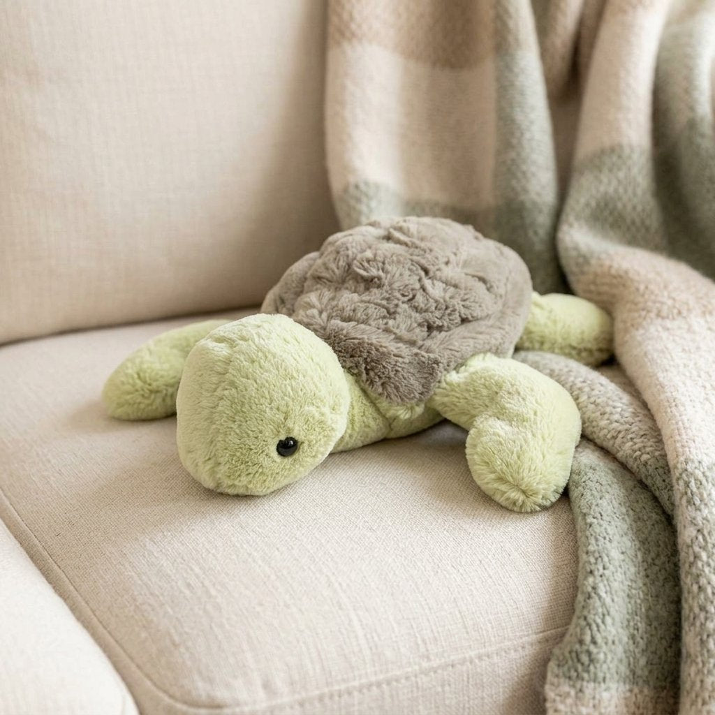 Peluche tortue de mer sur un canapé