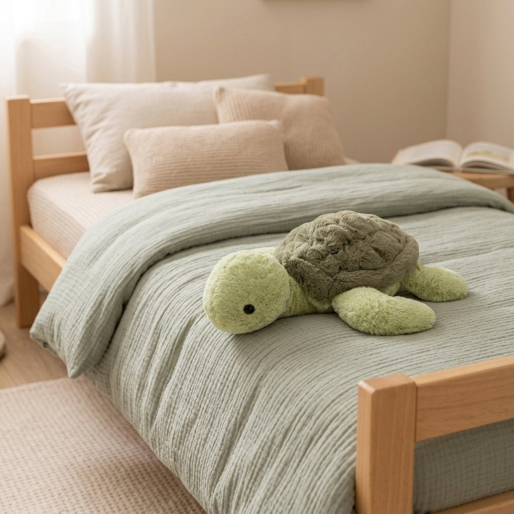 Peluche tortue de mer sur un lit d'enfant