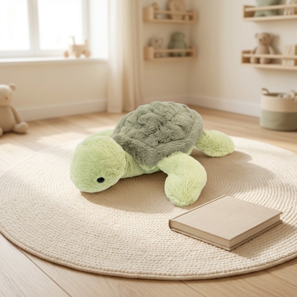 Peluche tortue de mer sur un tapis de chambre
