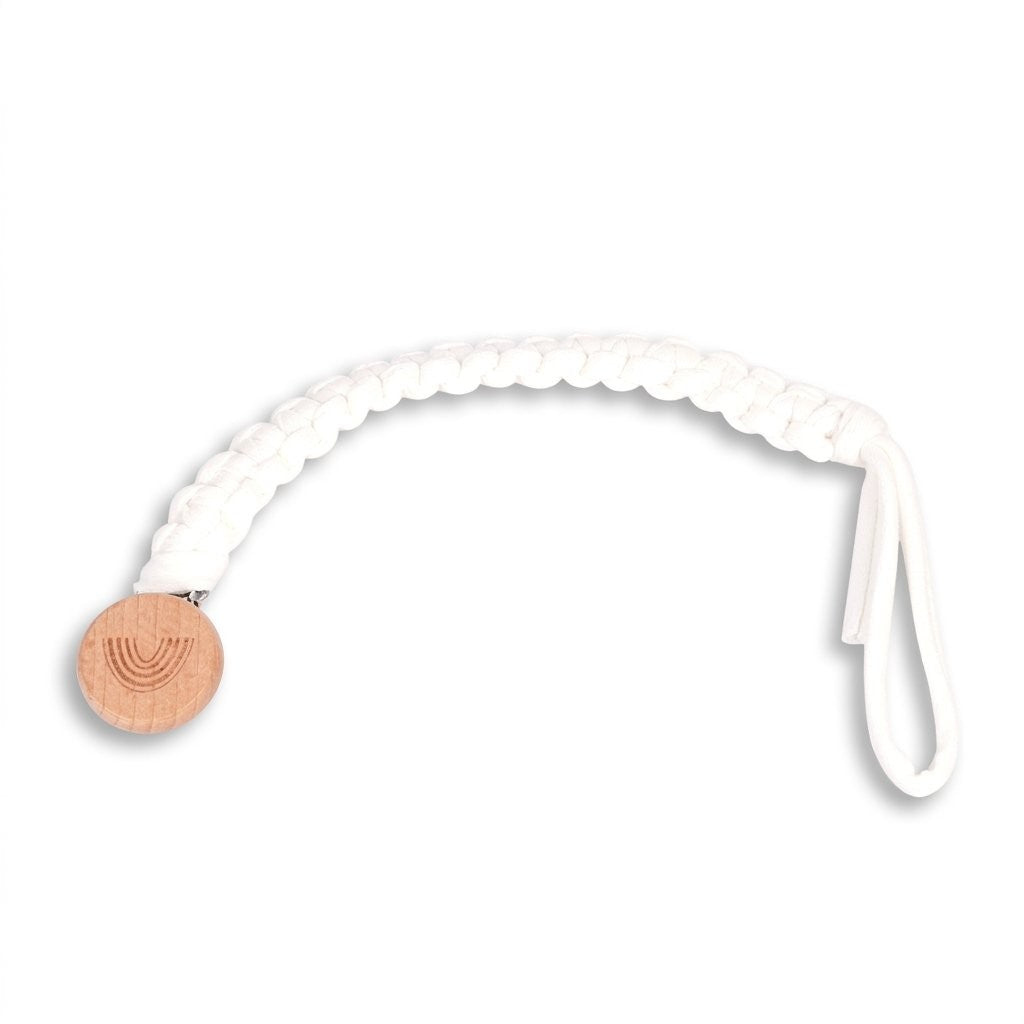 Attache-tétine en coton tressé blanc, clip en bois