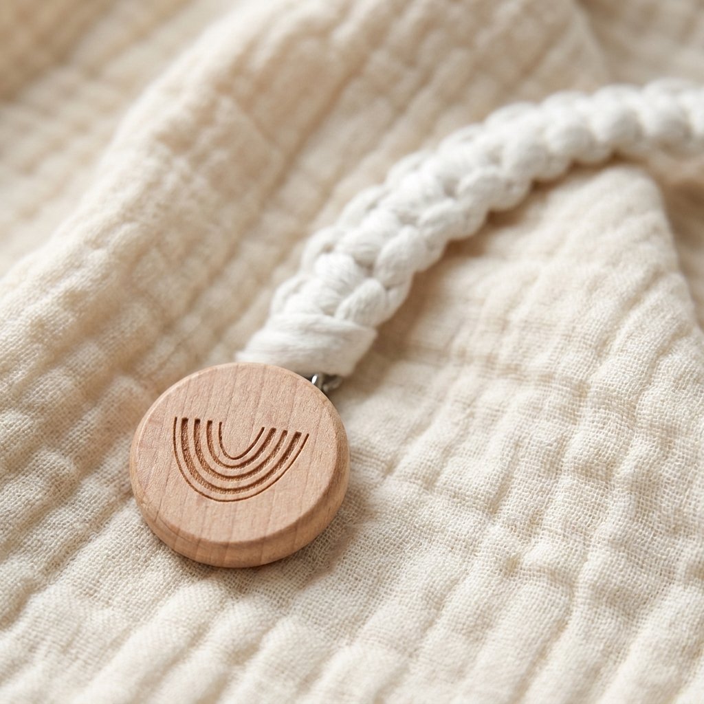 Détail de la tresse en coton et du clip en hêtre gravé