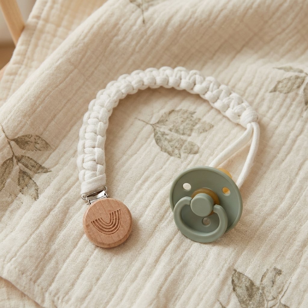 Attache-tétine en coton tressé reliée à une tétine sur un lange Image