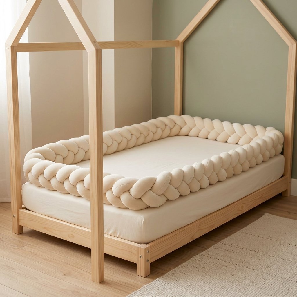 Tresse de lit beige posée sur un lit cabane en bois
