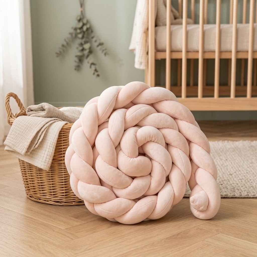 Tresse de lit rose poudré enroulée sur un parquet
