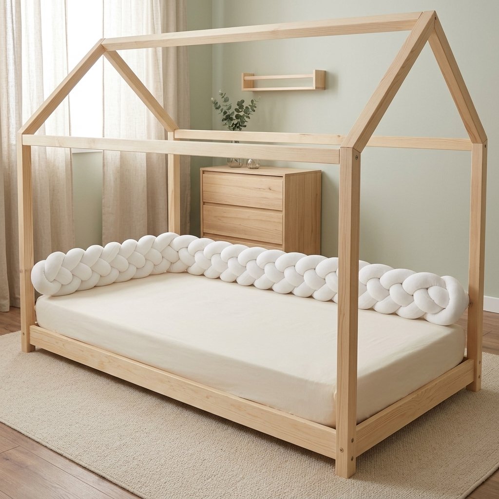 Tresse de lit 4 brins blanche sur un lit cabane