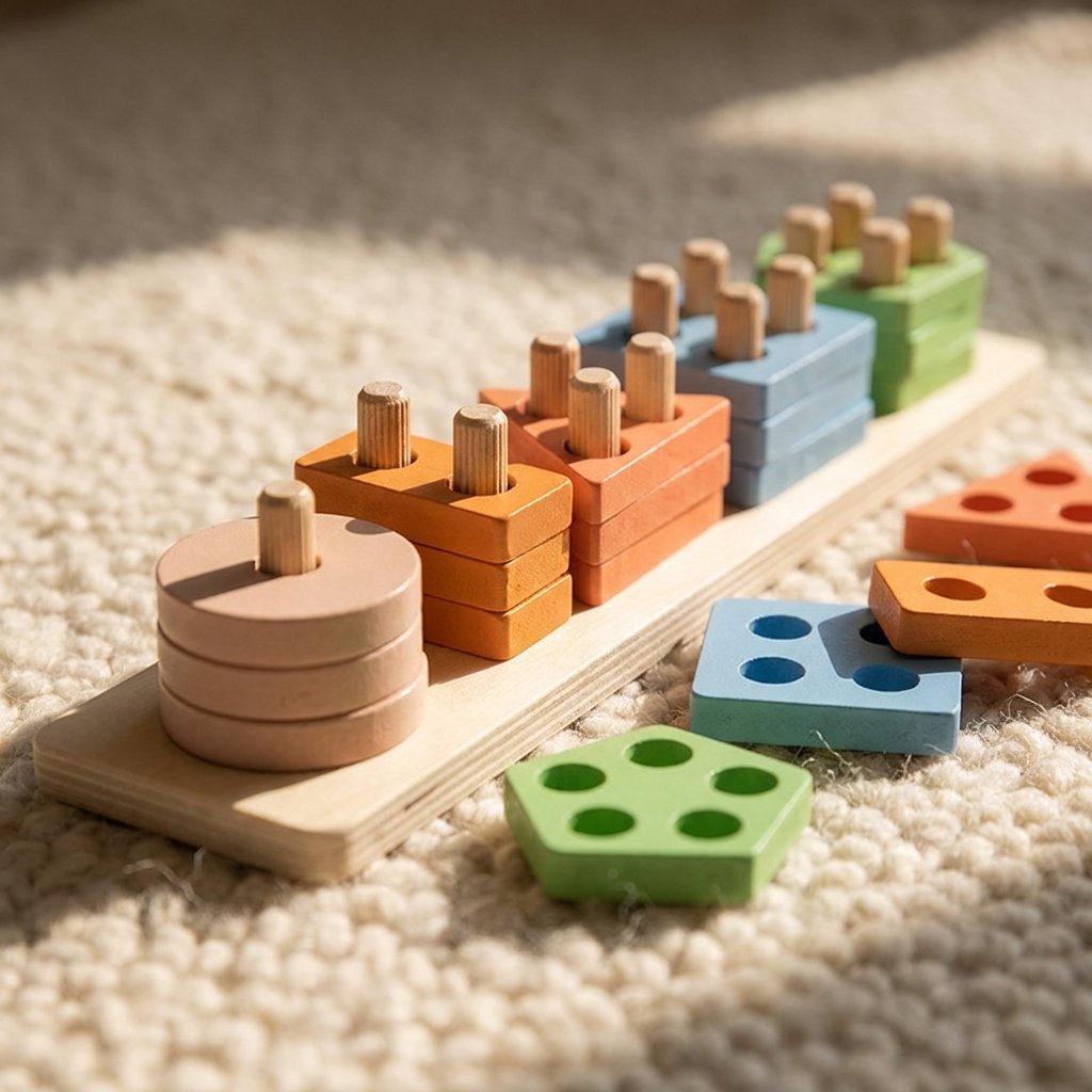 Piles de formes en bois enfilées sur les tiges Image