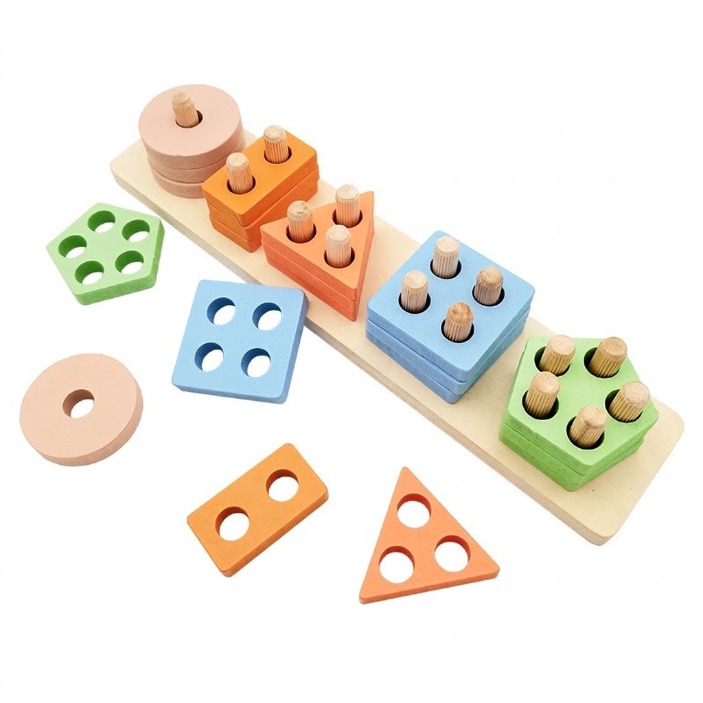 Jeu de tri en bois à cinq tiges, formes et couleurs douces
