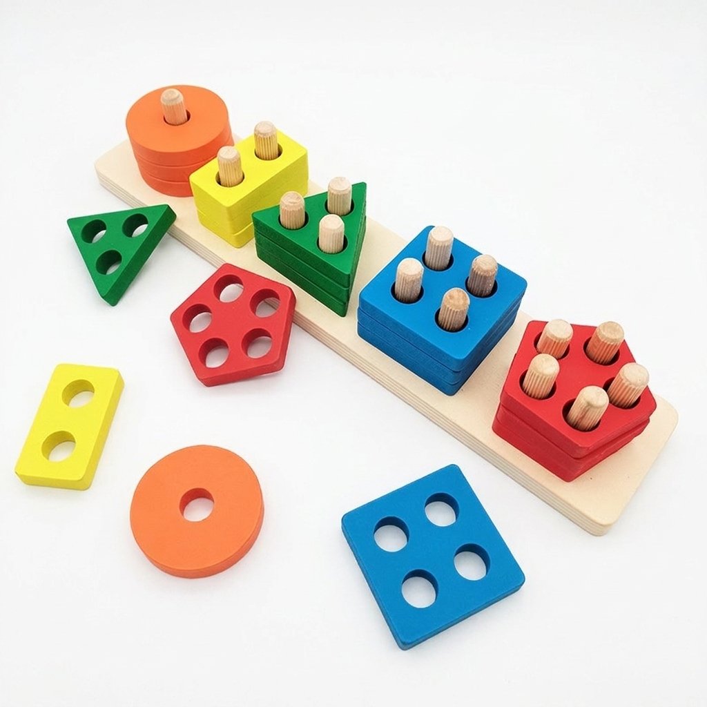 Jeu de tri en bois à cinq tiges, formes et couleurs vives