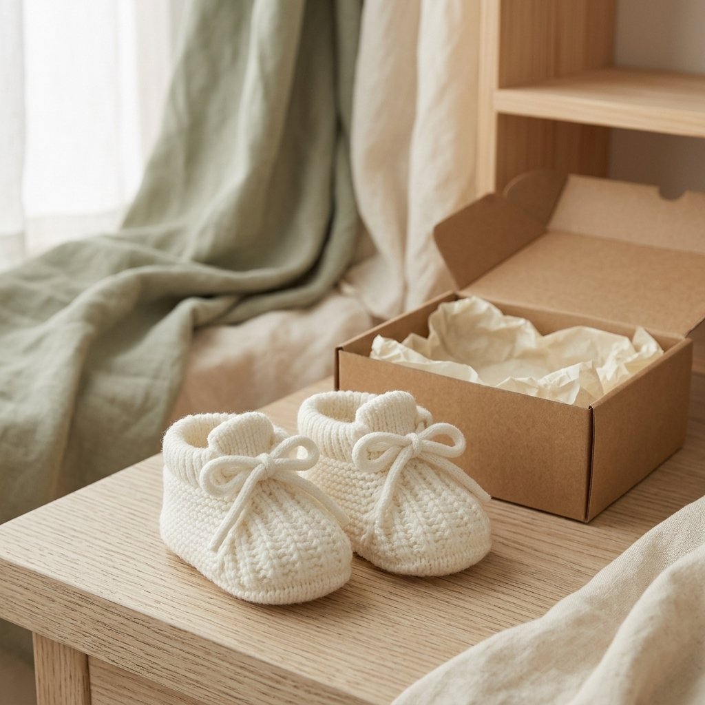 Chaussons tricot blancs près d'une boîte cadeau