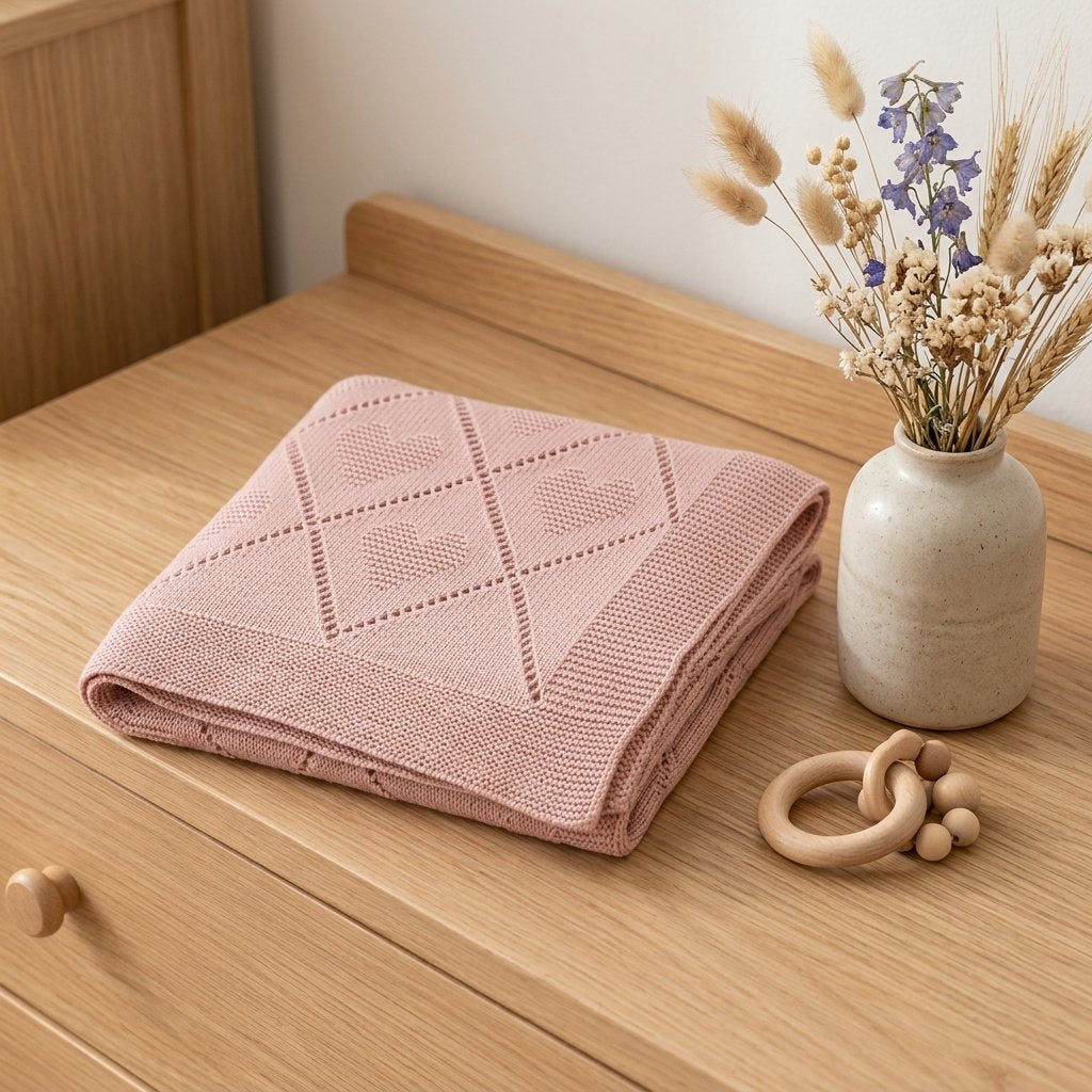 Couverture en tricot rose pliée sur une commode en bois