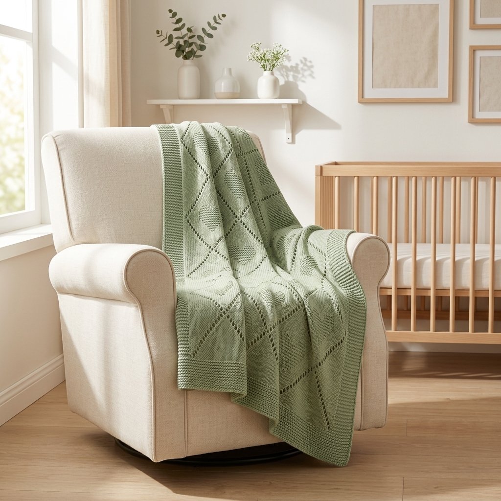 Couverture en tricot vert sauge sur un fauteuil d'allaitement