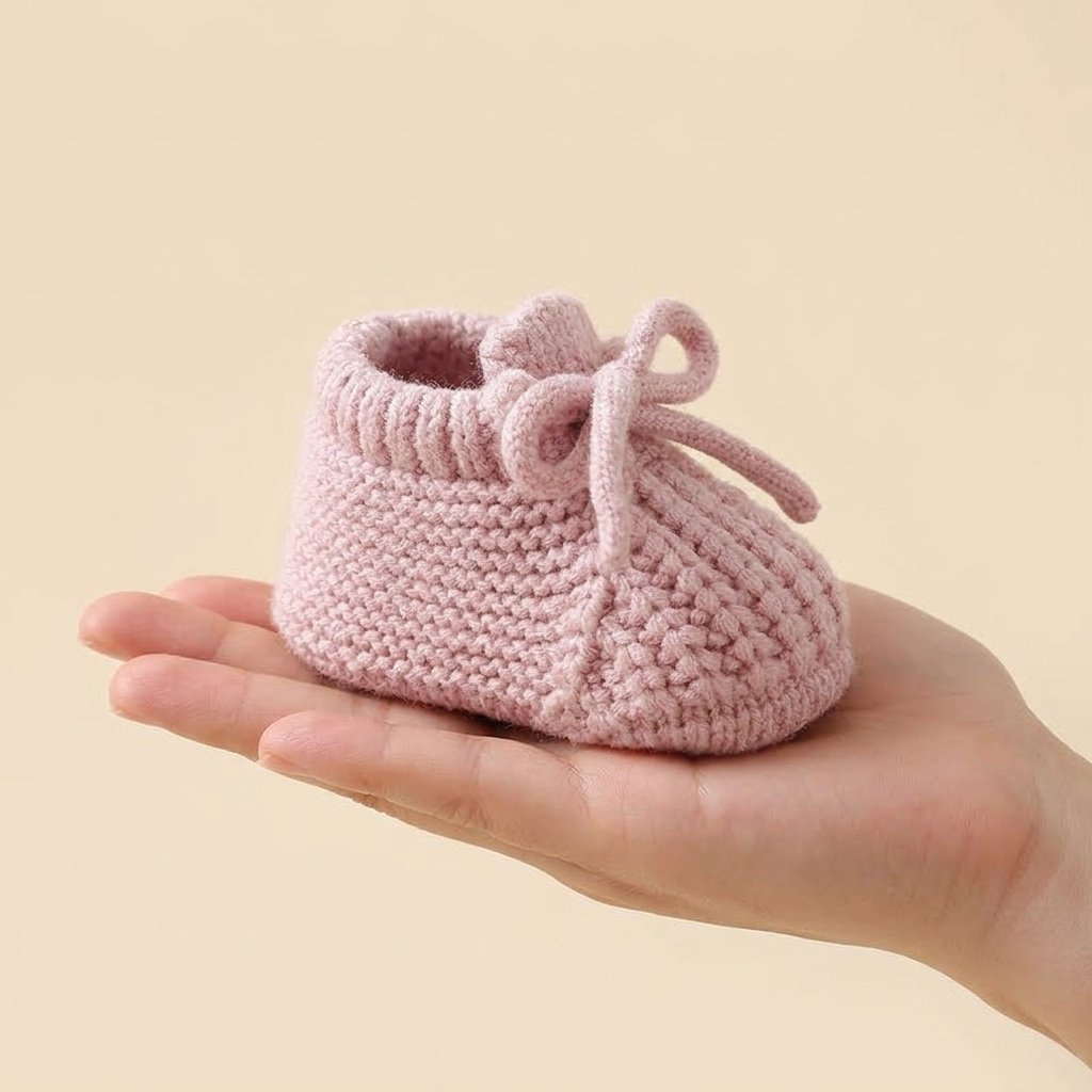 Main tenant un chausson tricot rose