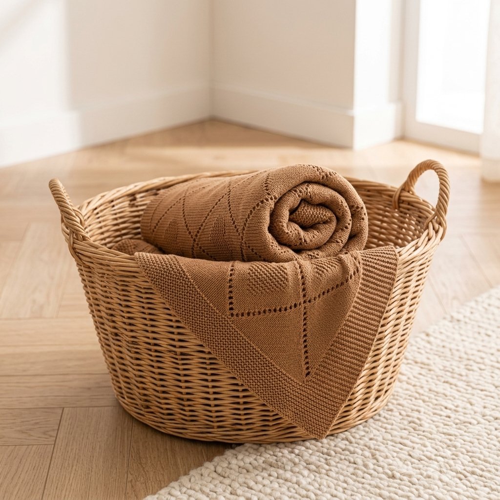Couverture en tricot caramel roulée dans un panier en osier