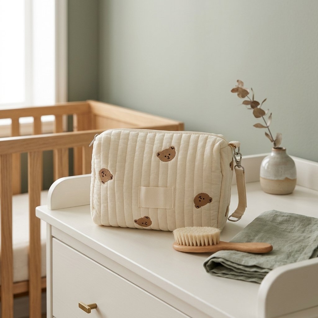 Trousse de toilette posée sur une commode à langer