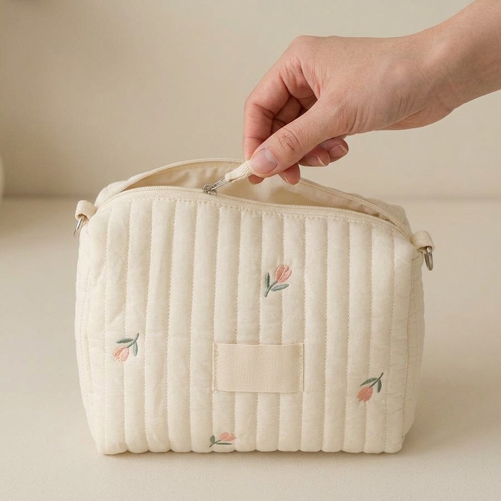 Main ouvrant la trousse de toilette