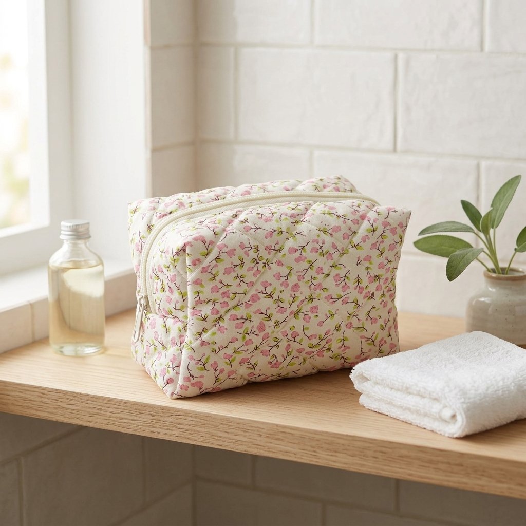 Trousse de toilette rose sur une étagère de salle de bain Image