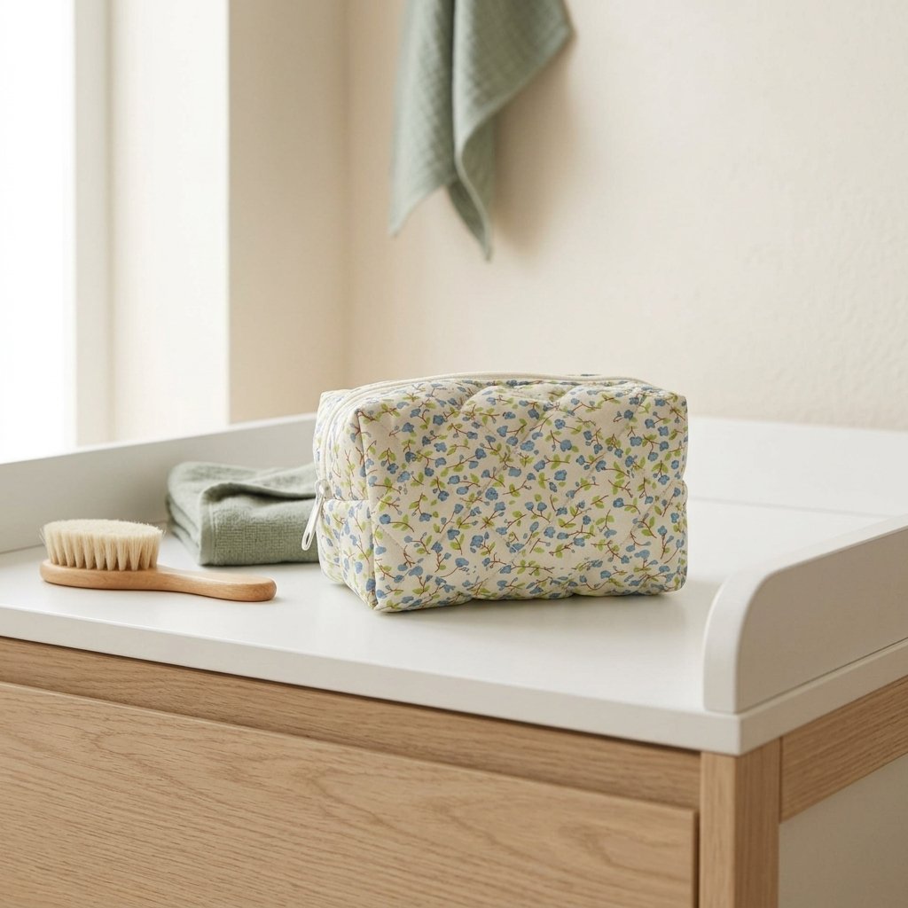 Trousse de toilette fleurie sur une commode à langer