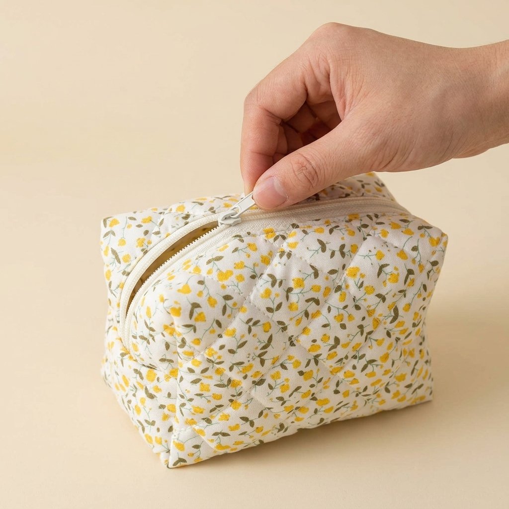Main ouvrant la fermeture éclair de la trousse