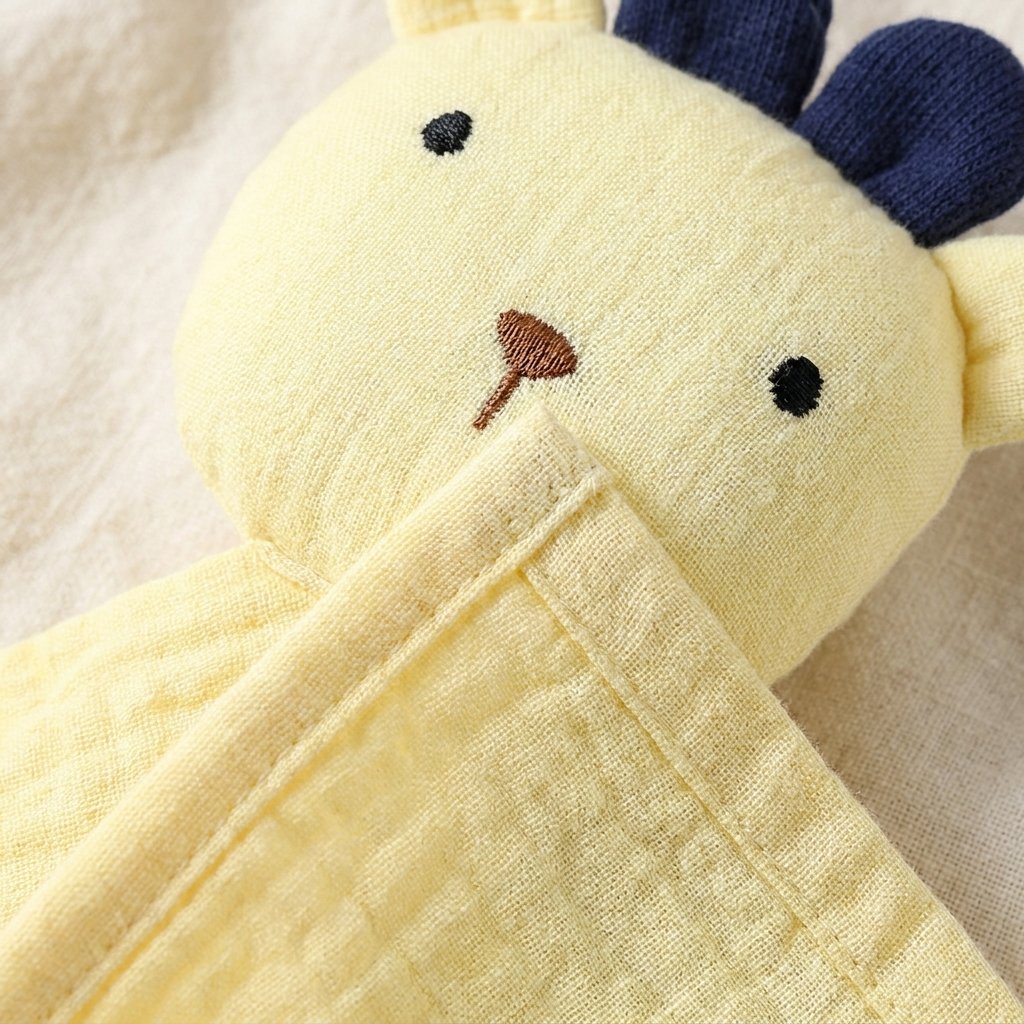 Détail de la tête et des cornes du doudou vache