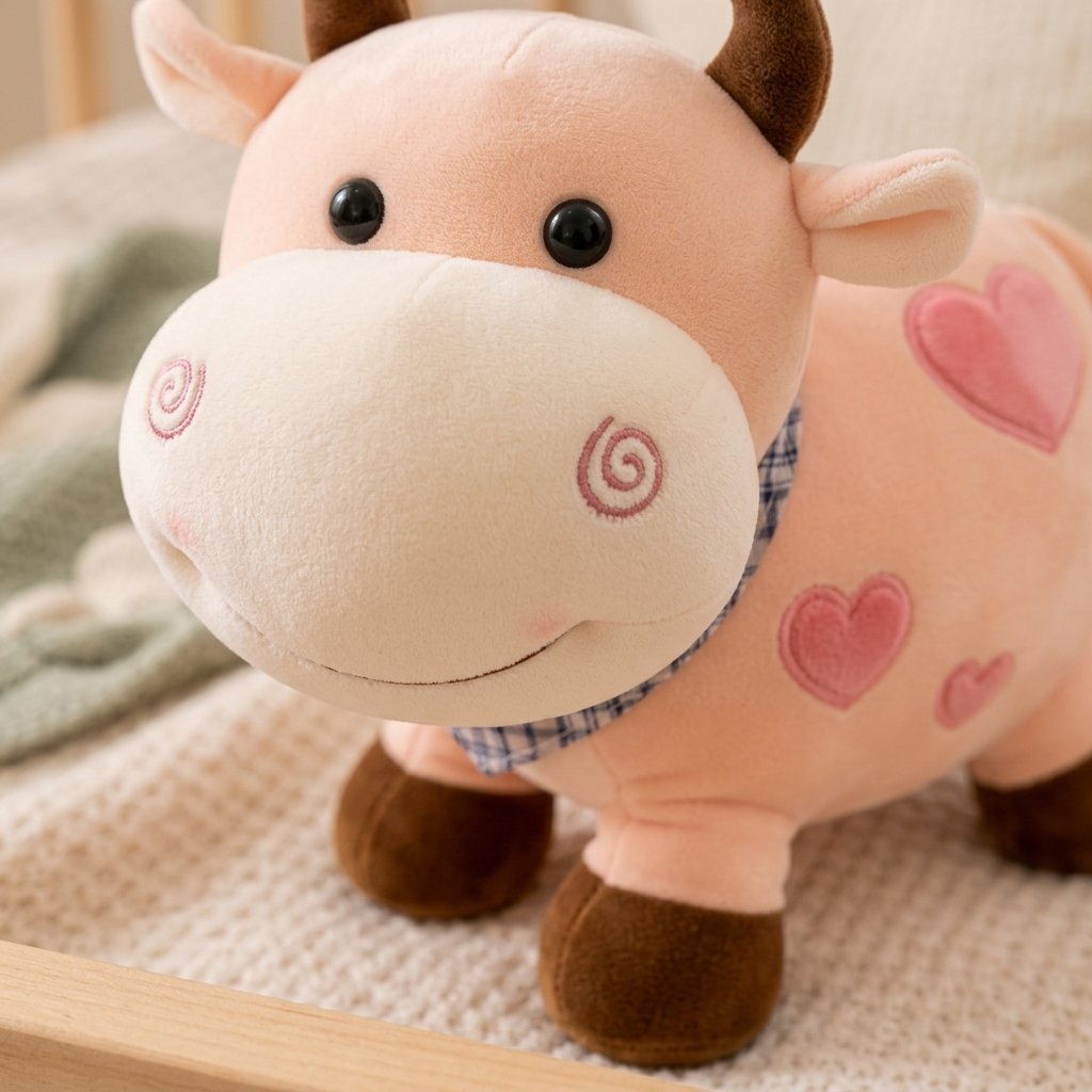 Détail du museau et des cœurs de la peluche vache