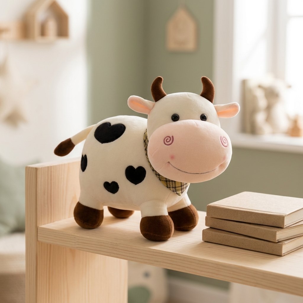Peluche vache noire et blanche debout sur une étagère